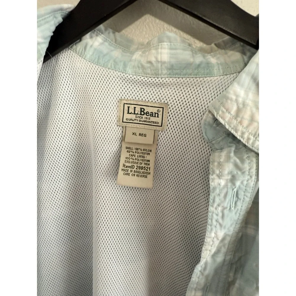 L.L. Bean Vented Plaid Fishing Shirt Size XL Light Teal Green Blue EUC